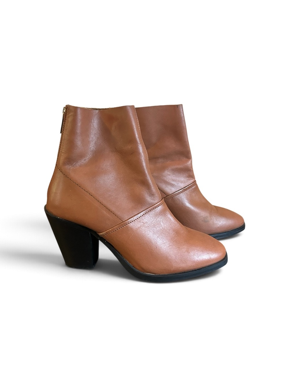 ASOS Back Zip Leather Block Heel Bootie Women’s SZ 7 in Tan & Black